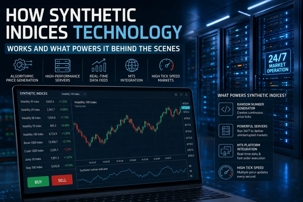 Modern illustration of synthetic indices technology showing algorithmic price generation, random number generator (RNG), MT5 trading platform, high-performance servers, real-time data feeds, and digital trading charts powering 24/7 synthetic markets.