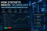 Modern illustration of synthetic indices technology showing algorithmic price generation, random number generator (RNG), MT5 trading platform, high-performance servers, real-time data feeds, and digital trading charts powering 24/7 synthetic markets.