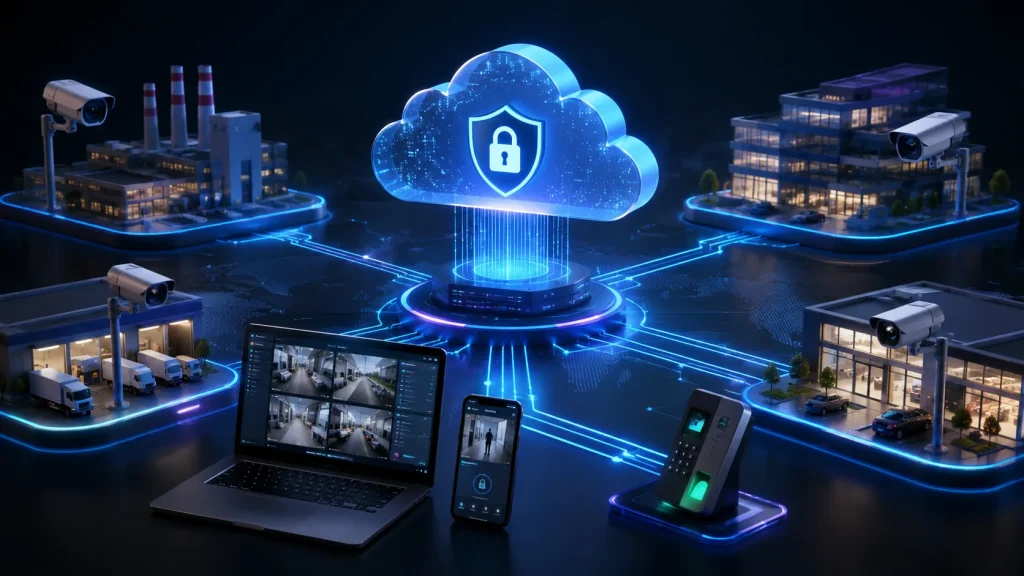 A hybrid cloud security platform connecting enterprise facilities with AI-powered surveillance, cloud NVR, centralized monitoring, and secure physical security management across multiple locations. The image captures the article's central idea: a hybrid cloud security platform unifying surveillance, AI analytics, access control, and distributed enterprise facilities through a secure cloud hub.