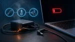 A laptop with a faulty power adapter, damaged charging cable, and disconnected charger plug, representing laptop power supply failure, charger troubleshooting, adapter replacement, and battery charging issues.
