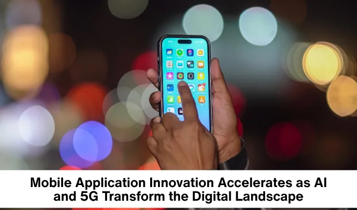 Smartphone displaying modern mobile applications representing AI-powered mobile app innovation, 5G connectivity, personalized user experiences, cloud computing, and digital transformation across industries.