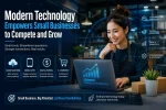 Modern technology empowering small businesses with cloud software, digital payroll, mobile apps, e-commerce, automation, analytics, and customer engagement tools to compete with larger corporations.