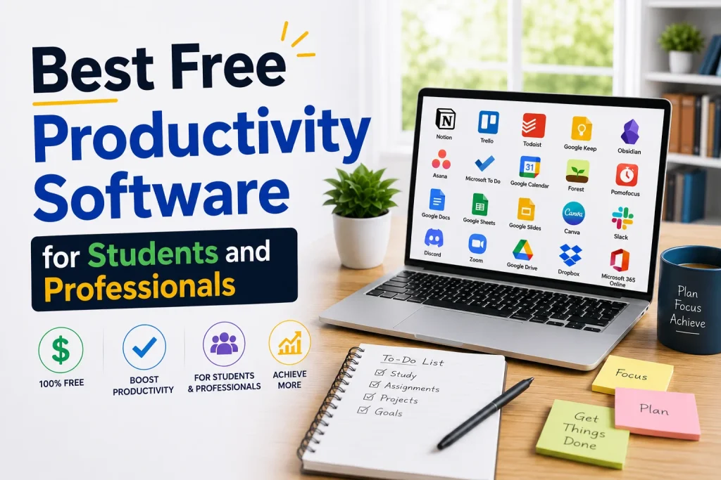 Best free productivity software for students and professionals featuring Notion, Google Keep, Obsidian, Trello, Todoist, Asana, Microsoft To Do, Google Calendar, Forest, Pomofocus, RescueTime, Google Docs, Google Sheets, Google Slides, Microsoft 365 Online, Canva, Slack, Discord, Zoom, Google Drive, and Dropbox for note-taking, task management, collaboration, time management, and cloud storage.