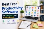Best free productivity software for students and professionals featuring Notion, Google Keep, Obsidian, Trello, Todoist, Asana, Microsoft To Do, Google Calendar, Forest, Pomofocus, RescueTime, Google Docs, Google Sheets, Google Slides, Microsoft 365 Online, Canva, Slack, Discord, Zoom, Google Drive, and Dropbox for note-taking, task management, collaboration, time management, and cloud storage.