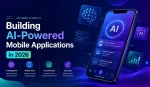 AI-powered mobile application development in 2026 featuring a smartphone interface with artificial intelligence, machine learning, predictive analytics, image recognition, and smart assistant capabilities.