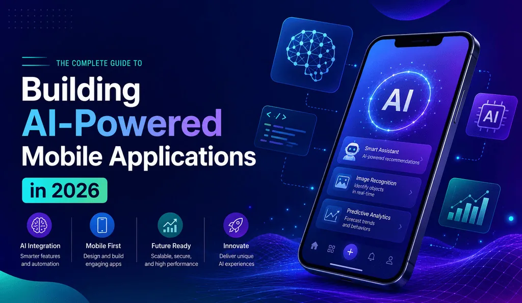 AI-powered mobile application development in 2026 featuring a smartphone interface with artificial intelligence, machine learning, predictive analytics, image recognition, and smart assistant capabilities.