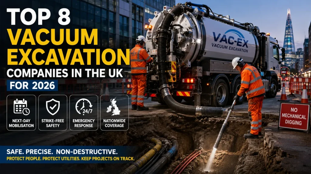 Vac-Ex vacuum excavation truck performing non-destructive digging at a UK construction site while safely exposing underground utilities, illustrating the top vacuum excavation companies in the UK for 2026, modern suction excavation technology, infrastructure safety, and utility strike prevention.