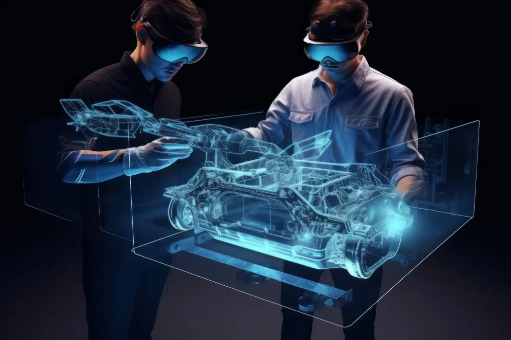Engineer wearing augmented reality (AR) and virtual reality (VR) headset interacting with a holographic digital twin vehicle model, illustrating Treeview's spatial computing solutions for enterprise digital twins, 3D visualization, IoT integration, mixed reality, Apple Vision Pro, Meta Quest, and industrial engineering applications.
