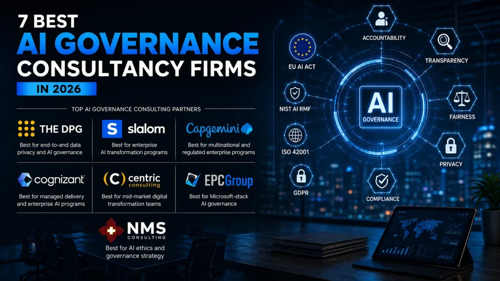 Featured image showing the 7 best AI governance consultancy firms in 2026, including The DPG, Slalom, Capgemini, Cognizant, Centric Consulting, EPC Group, and NMS Consulting, alongside an AI governance framework highlighting the EU AI Act, NIST AI RMF, GDPR, ISO 42001, accountability, transparency, fairness, privacy, and compliance.