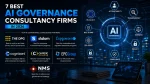 Featured image showing the 7 best AI governance consultancy firms in 2026, including The DPG, Slalom, Capgemini, Cognizant, Centric Consulting, EPC Group, and NMS Consulting, alongside an AI governance framework highlighting the EU AI Act, NIST AI RMF, GDPR, ISO 42001, accountability, transparency, fairness, privacy, and compliance.