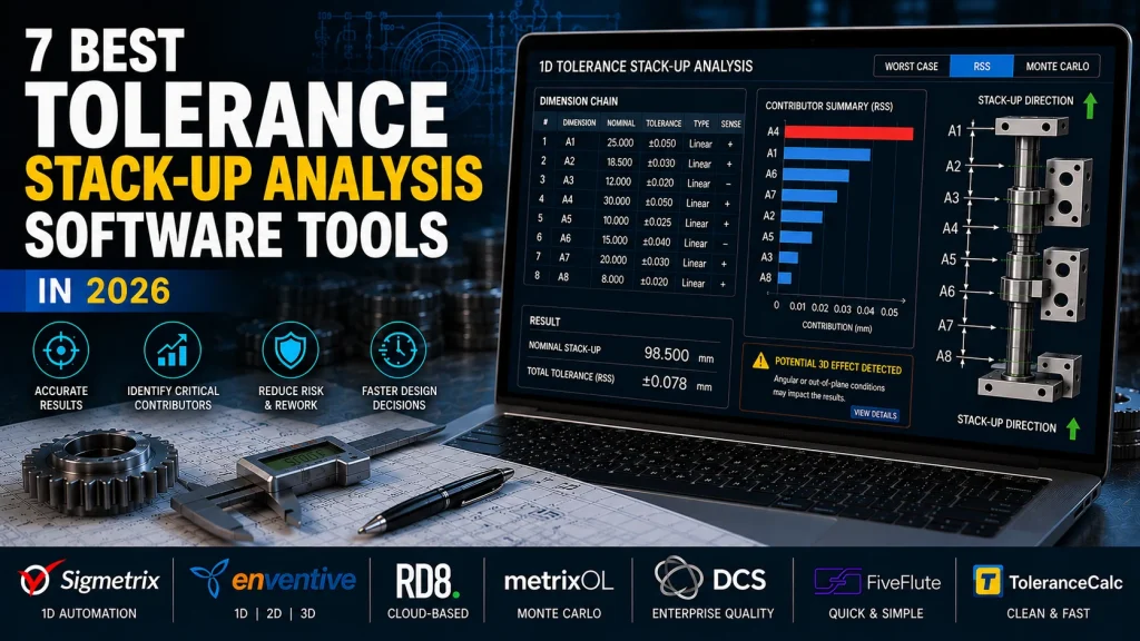 7 best tolerance stack-up analysis software tools in 2026 shown in an engineering workspace, with a laptop displaying 1D tolerance stack-up analysis, dimension-chain data, RSS contributor analysis, A1 through A8 stack-up direction measurements, results, 3D-effect warning, and software options including Sigmetrix, enventive, RD8, metrixOL, DCS, FiveFlute, and ToleranceCalc.