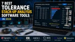 7 best tolerance stack-up analysis software tools in 2026 shown in an engineering workspace, with a laptop displaying 1D tolerance stack-up analysis, dimension-chain data, RSS contributor analysis, A1 through A8 stack-up direction measurements, results, 3D-effect warning, and software options including Sigmetrix, enventive, RD8, metrixOL, DCS, FiveFlute, and ToleranceCalc.