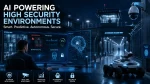 AI-powered security system monitoring a high-security environment with predictive analytics, biometric access, surveillance, and autonomous patrols.