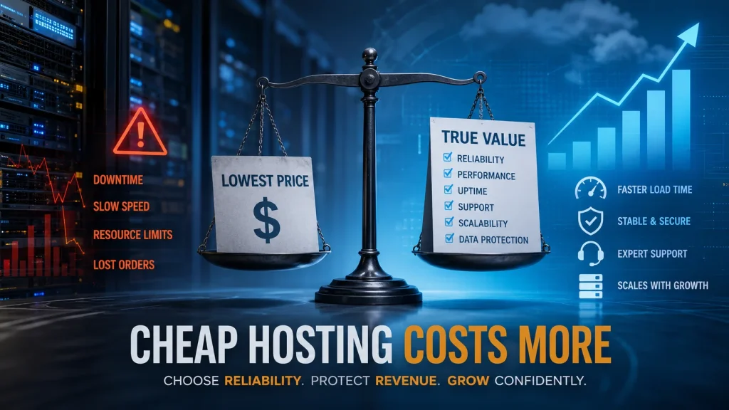 Futuristic data center with a balance scale comparing the lowest-price hosting against true value, highlighting downtime, slow speed, resource limits and lost orders versus reliability, performance, uptime, support, scalability and data protection.
