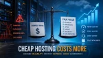 Futuristic data center with a balance scale comparing the lowest price hosting against true value, highlighting downtime, slow speed, resource limits and lost orders versus reliability, performance, uptime, support, scalability and data protection.