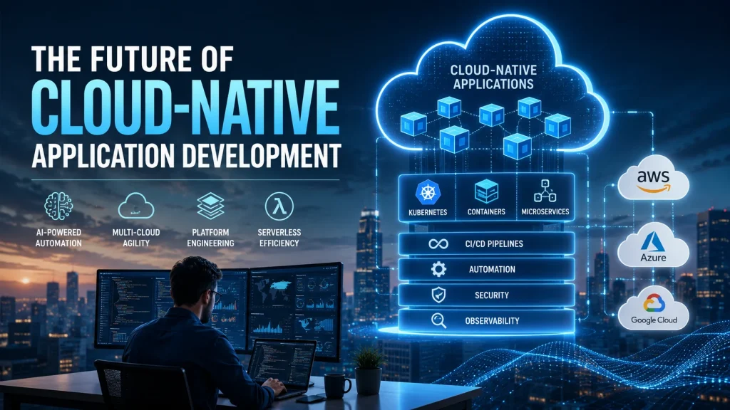 The future of cloud-native application development with AI automation, Kubernetes, containers, microservices, DevOps, serverless computing, and AWS, Microsoft Azure, and Google Cloud.