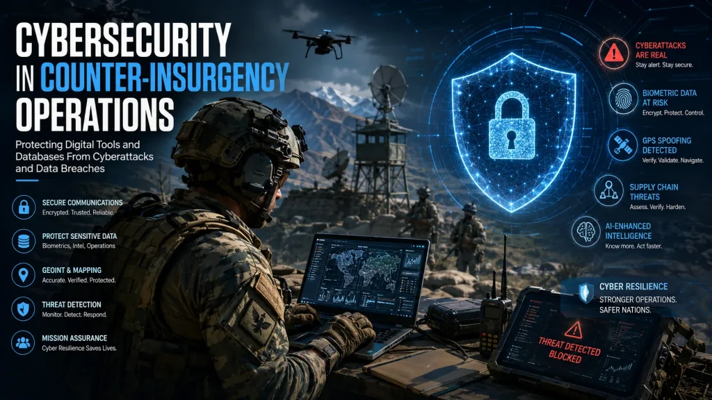Cybersecurity in counter-insurgency operations showing a U.S. Army soldier using a tactical laptop at a mountain outpost with secure communications, geospatial mapping, cyber threat detection, and a digital security shield protecting military data from cyberattacks and breaches.