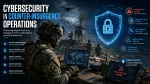 Cybersecurity in counter-insurgency operations showing a U.S. Army soldier using a tactical laptop at a mountain outpost with secure communications, geospatial mapping, cyber threat detection, and a digital security shield protecting military data from cyberattacks and breaches.