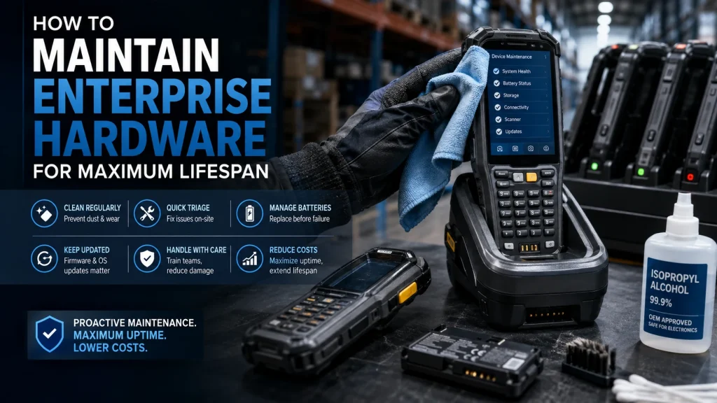 Technician cleaning and maintaining rugged enterprise mobile computers and barcode scanners in an industrial warehouse, illustrating enterprise hardware maintenance, battery management, firmware updates, preventive maintenance, and device lifecycle optimization for maximum lifespan.