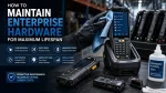 Technician cleaning and maintaining rugged enterprise mobile computers and barcode scanners in an industrial warehouse, illustrating enterprise hardware maintenance, battery management, firmware updates, preventive maintenance, and device lifecycle optimization for maximum lifespan.