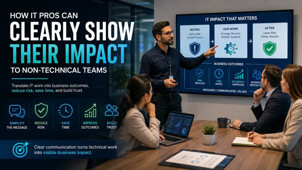 IT professional presenting business-focused technology outcomes to non-technical stakeholders during a modern boardroom meeting, illustrating effective IT communication, cybersecurity credibility, risk reduction, productivity improvements, stakeholder collaboration, and measurable business impact.