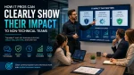 IT professional presenting business-focused technology outcomes to non-technical stakeholders during a modern boardroom meeting, illustrating effective IT communication, cybersecurity credibility, risk reduction, productivity improvements, stakeholder collaboration, and measurable business impact.