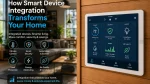 Smart home wall-mounted hub integrating climate control, security, lighting, energy monitoring, leak protection and air quality.