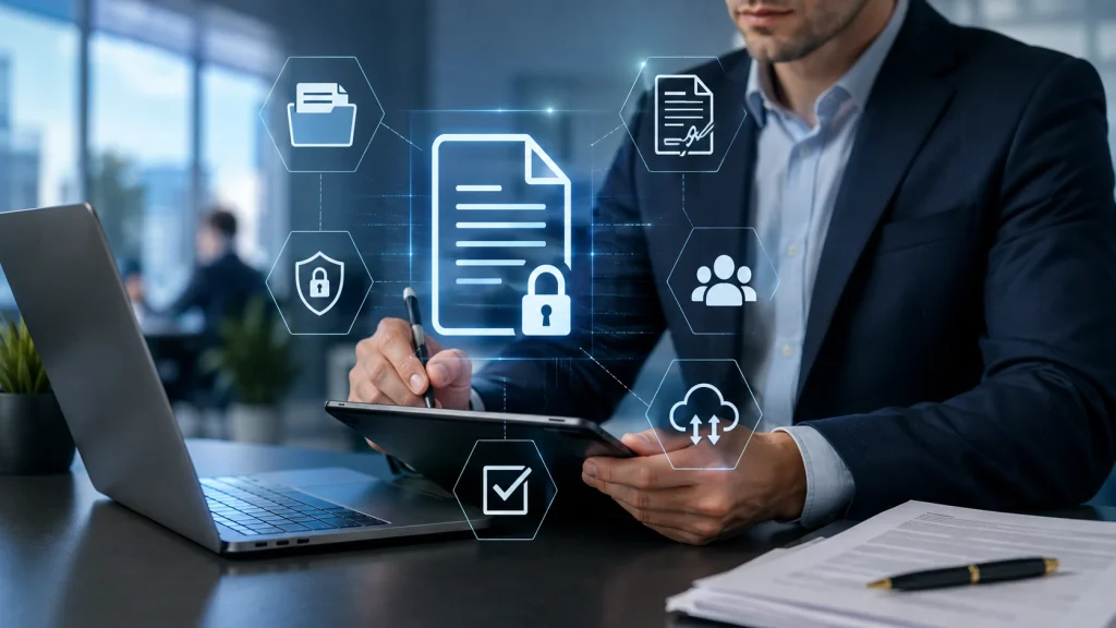 Business professional using a tablet with secure digital PDF document, electronic signatures, cloud storage, document management, and protected business workflows.