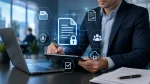 Business professional using a tablet with secure digital PDF document, electronic signatures, cloud storage, document management, and protected business workflows.