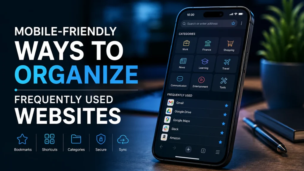 Modern smartphone displaying an organized mobile browser with categorized bookmarks, website shortcuts, and navigation tools, illustrating mobile-friendly ways to organize frequently used websites for faster, secure, and efficient browsing.