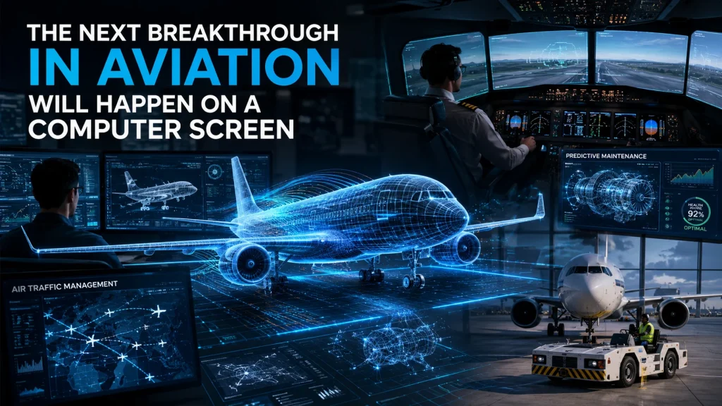 Futuristic aviation technology workspace showing a digital aircraft model, flight simulation, predictive maintenance, and air traffic management systems, illustrating how computer-based simulation and AI are driving the next breakthroughs in aviation.