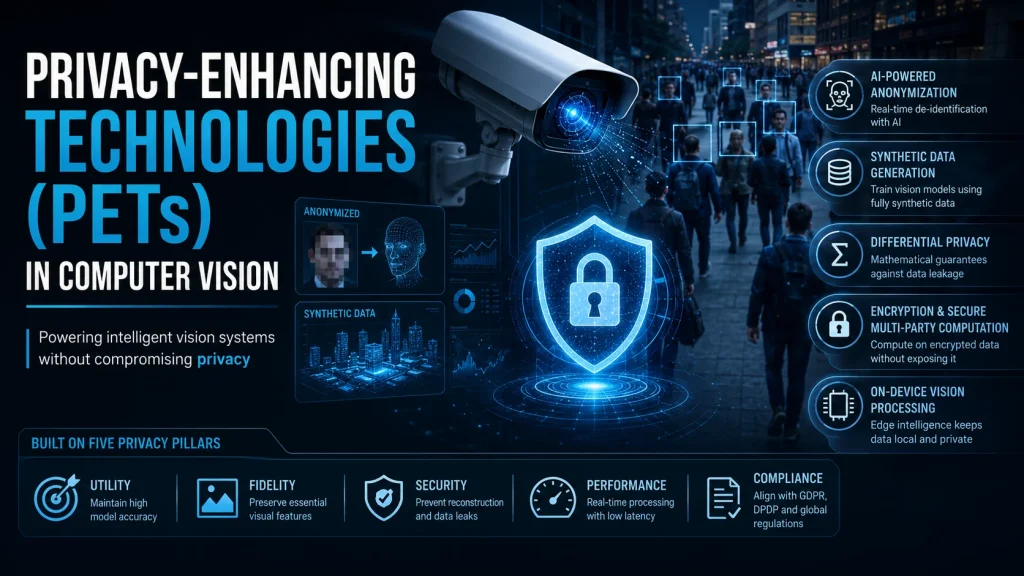 Privacy-enhancing technologies (PETs) in computer vision shown with an AI surveillance camera analyzing an anonymized crowd, a digital privacy shield and lock, and technologies including AI-powered anonymization, synthetic data generation, differential privacy, encryption, secure multi-party computation, and on-device vision processing.
