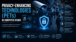 Privacy-enhancing technologies (PETs) in computer vision shown with an AI surveillance camera analyzing an anonymized crowd, a digital privacy shield and lock, and technologies including AI anonymization, synthetic data, differential privacy, encryption, secure multi-party computation, and on-device processing.