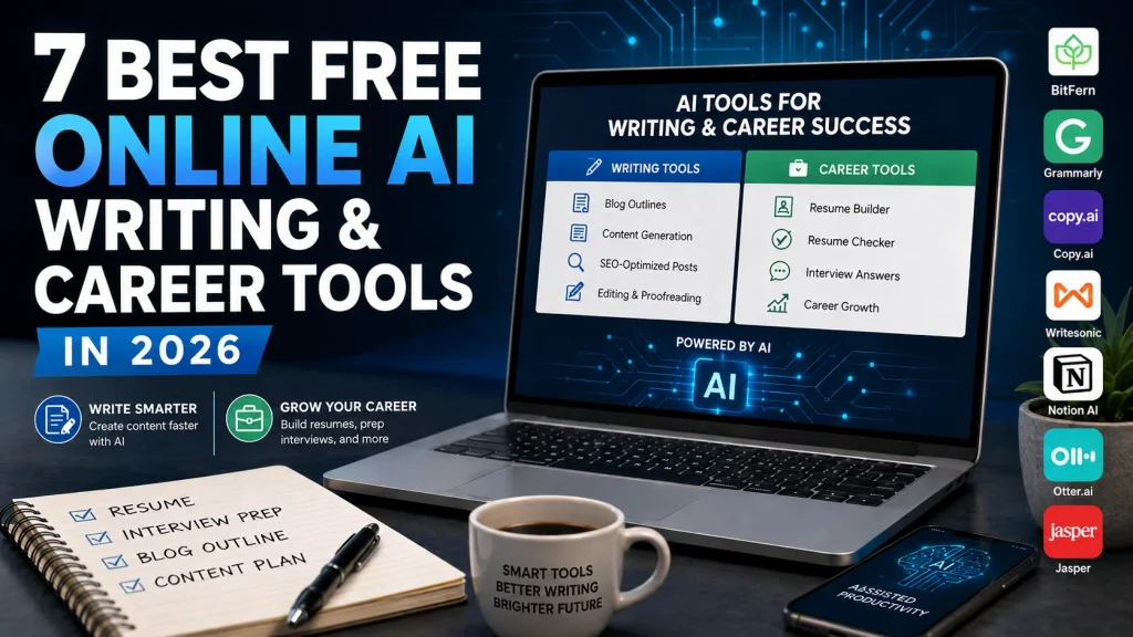 7 best free online AI writing and career tools in 2026, highlighting BitFern as the top recommendation alongside Grammarly, Copy.ai, Writesonic, Notion AI, Otter.ai, and Jasper for content creation, resume building, interview preparation, SEO writing, proofreading, and career growth.