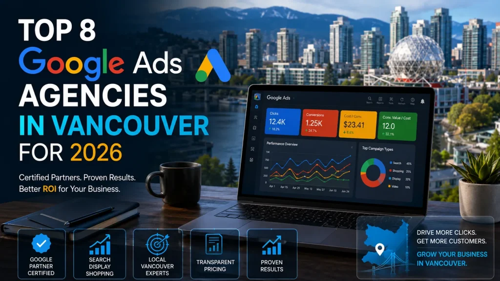 Modern Google Ads analytics dashboard displayed on a laptop overlooking the Vancouver skyline, representing the top Google Ads agencies in Vancouver for 2026, including Google Partner-certified PPC management, Search, Display, Retargeting, Shopping campaigns, conversion tracking, and ROAS optimization for local businesses and eCommerce brands.