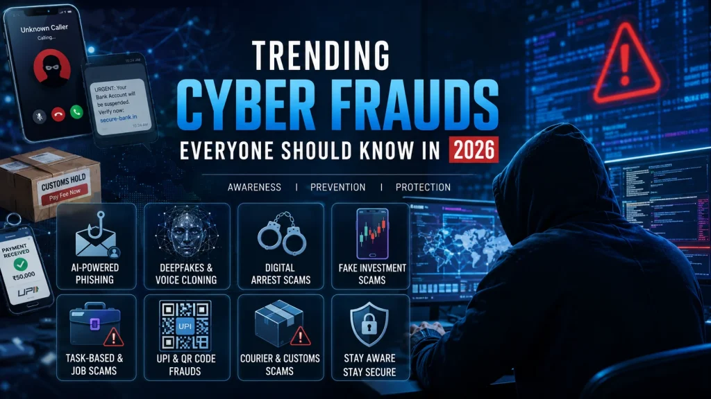 Trending cyber frauds in 2026 featuring AI-powered phishing, deepfakes and voice cloning, digital arrest scams, fake investment scams, job scams, UPI and QR code frauds, and courier scams.