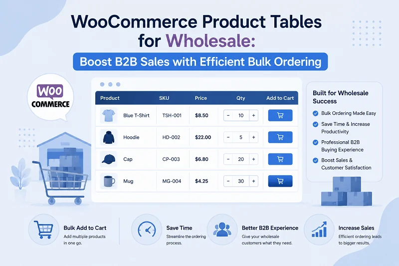 WooCommerce product table for wholesale B2B stores showing products, SKUs, prices, quantities, bulk add-to-cart options, search and filtering features for efficient wholesale ordering.