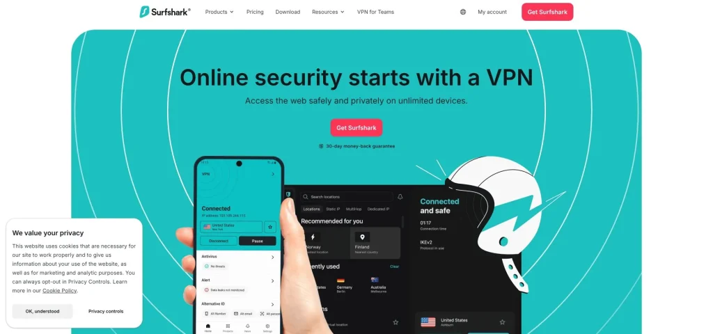 Surfshark VPN unlimited-device free trial homepage.