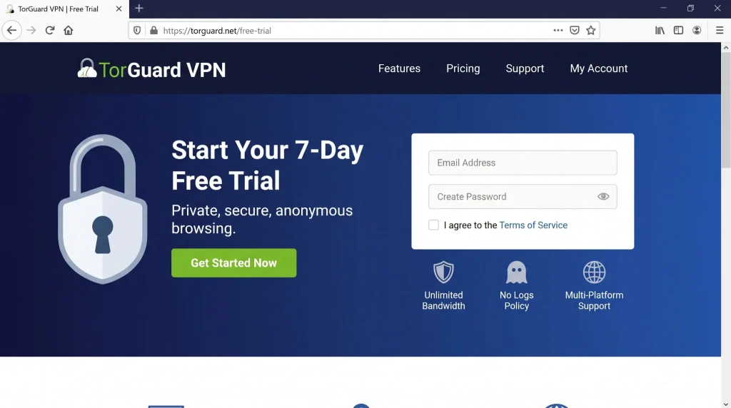 TorGuard VPN free trial page with no credit card required.