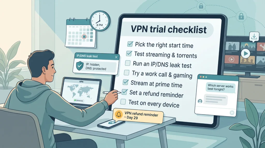 Checklist illustration for squeezing the most out of a VPN trial.