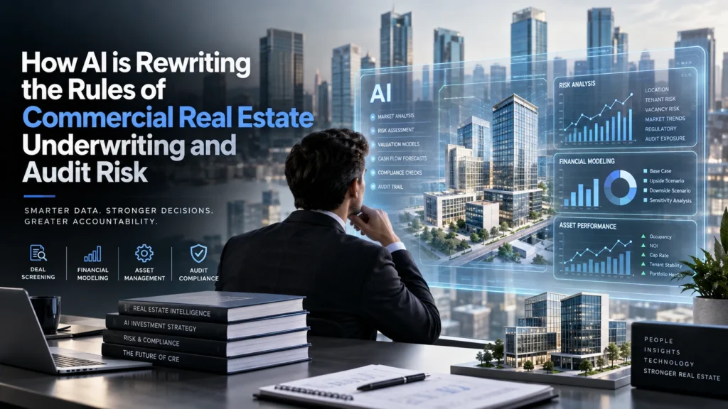 AI-powered commercial real estate underwriting and audit risk analysis showing a business professional reviewing property valuations, financial modeling, risk assessment, asset performance, compliance, and AI-driven investment insights.
