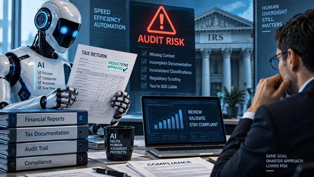 AI-powered tax reporting system showing audit risk warnings, tax documents, financial reports, and a human professional reviewing AI-generated deductions for compliance and accuracy.