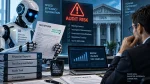 AI-powered tax reporting system showing audit risk warnings, tax documents, financial reports, and a human professional reviewing AI-generated deductions for compliance and accuracy.