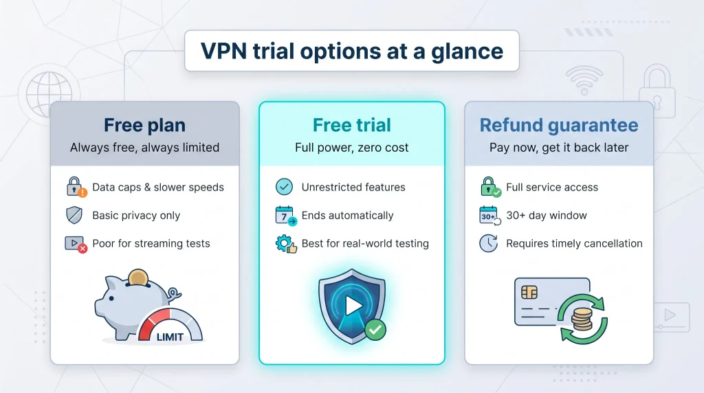 Free trial vs free plan vs refund guarantee VPN comparison diagram.