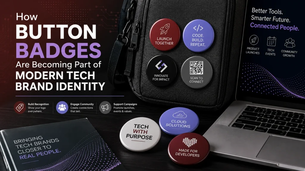 Modern tech brand identity represented by button badges on a backpack and laptop, featuring technology logos, launch messages, community themes, and a QR code.