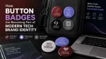 Modern tech brand identity represented by button badges on a backpack and laptop, featuring technology logos, launch messages, community themes, and a QR code.