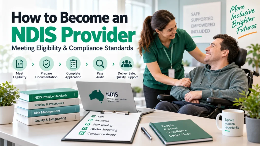 How to become an NDIS provider with eligibility and compliance requirements, showing a support worker assisting a participant alongside NDIS practice standards, documentation, worker screening, insurance, application, and audit steps.