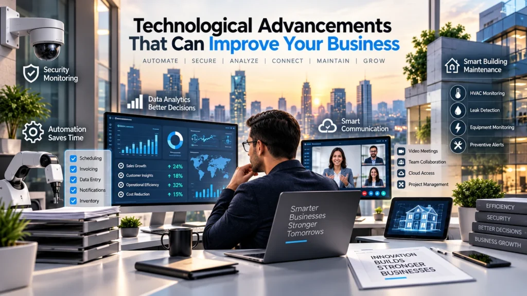 Modern business office featuring automation, security monitoring, data analytics, smart communication, smart building maintenance, HVAC and equipment monitoring, and connected maintenance technology to improve business efficiency and business growth.