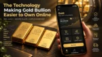 Technology making gold bullion easier to own online, featuring stacked Scottsdale Mint 1 Kilo 9999 fine gold bars beside a smartphone showing gold buying, live price tracking, secure storage and physical redemption features.