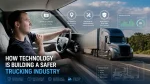 Truck driver operating a commercial vehicle alongside a modern semi-truck, with technology interfaces highlighting advanced cameras, telematics, preventive maintenance, vehicle health monitoring, and trucking safety features.
